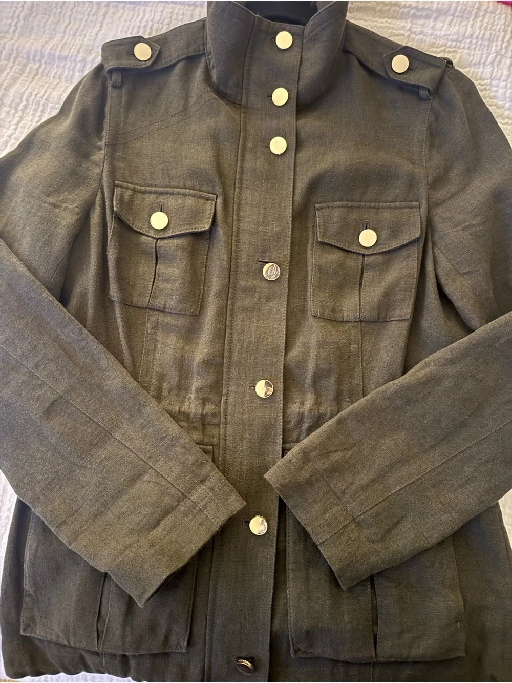 Tory Burch Linen Olive Green Military Field Jacket